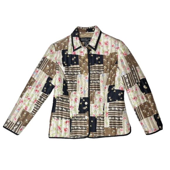 Vintage Silkland Womens Silk Quilted Jacket Sz PM Brown Floral Patchwork Cottage - Picture 1 of 9